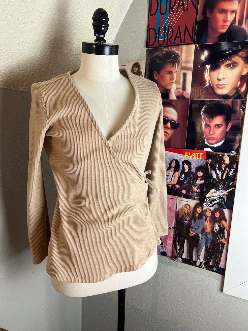 Old Navy Beige Ribbed Wrap V-Neck Sweater